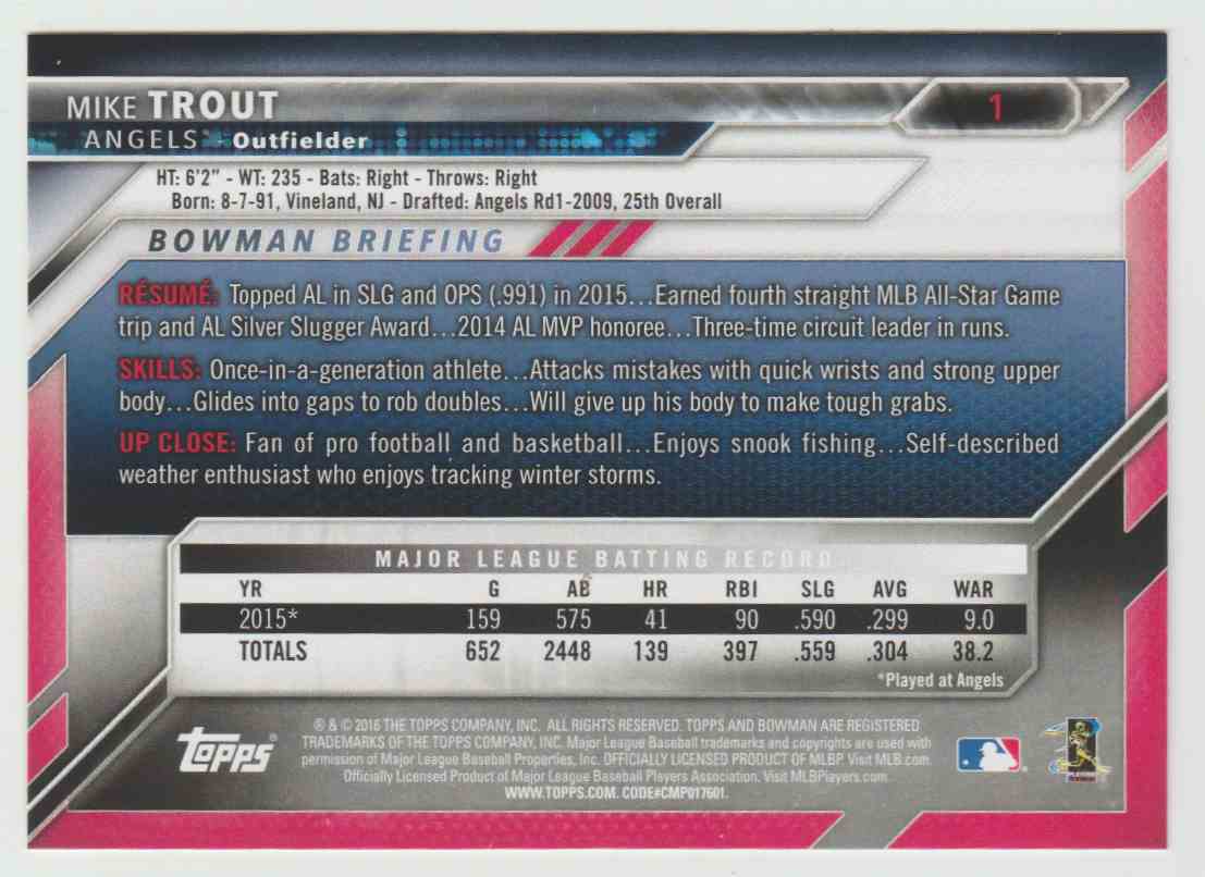 2016 Bowman Mike Trout #1 card back image