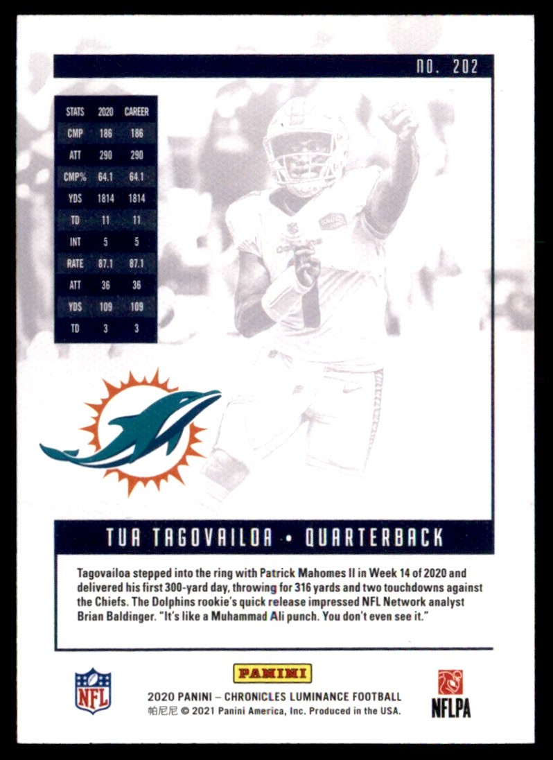 2020 Panini Chronicles Legacy Update Rookies Tua Tagovailoa #202 card back image