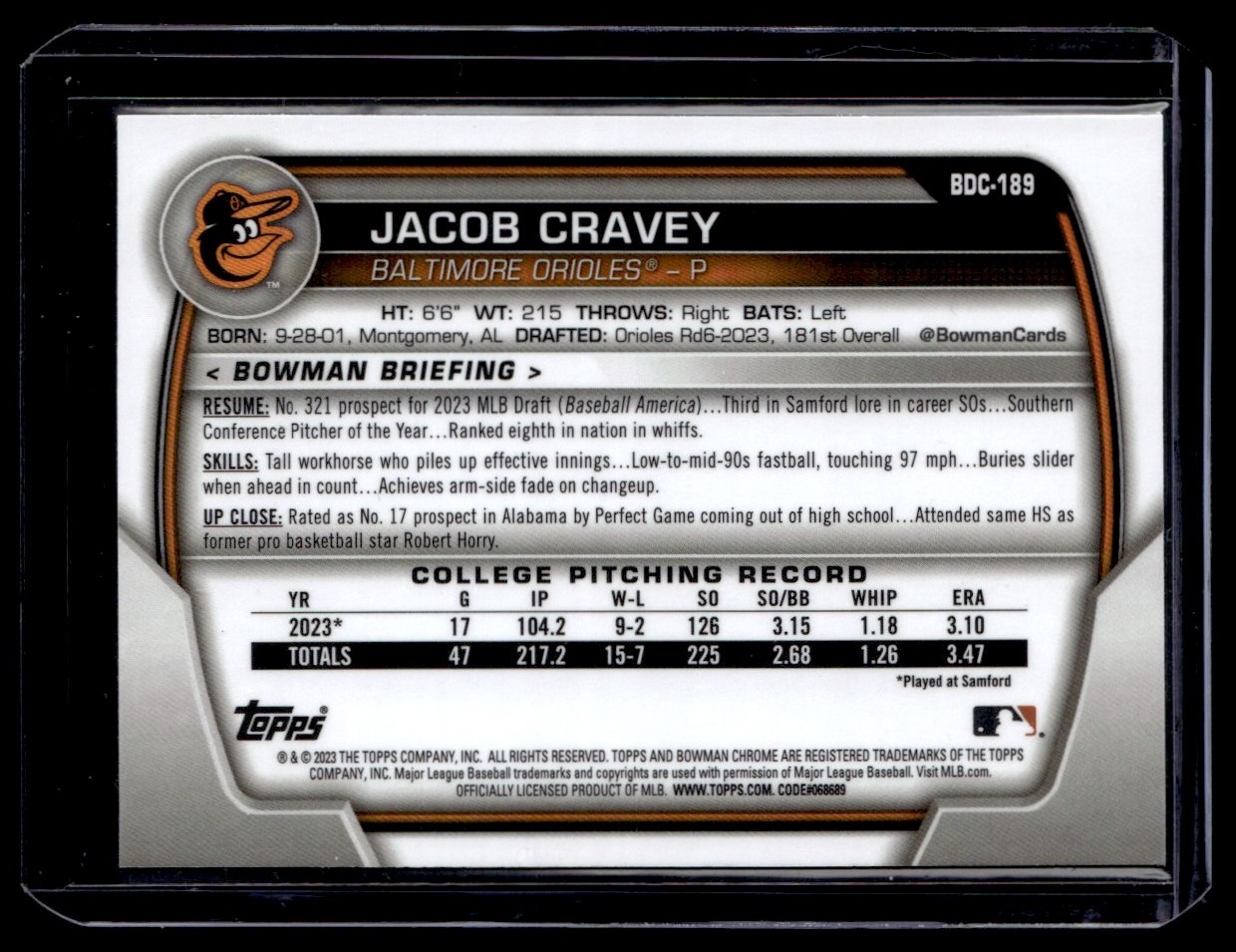 2023 Bowman Chrome Sapphire Jacob Cravey #BDC-189 card back image
