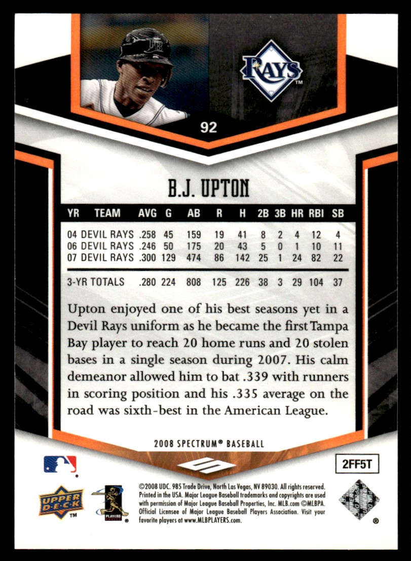 2008 Upper Deck Spectrum Orange B.J. Upton #92 card back image