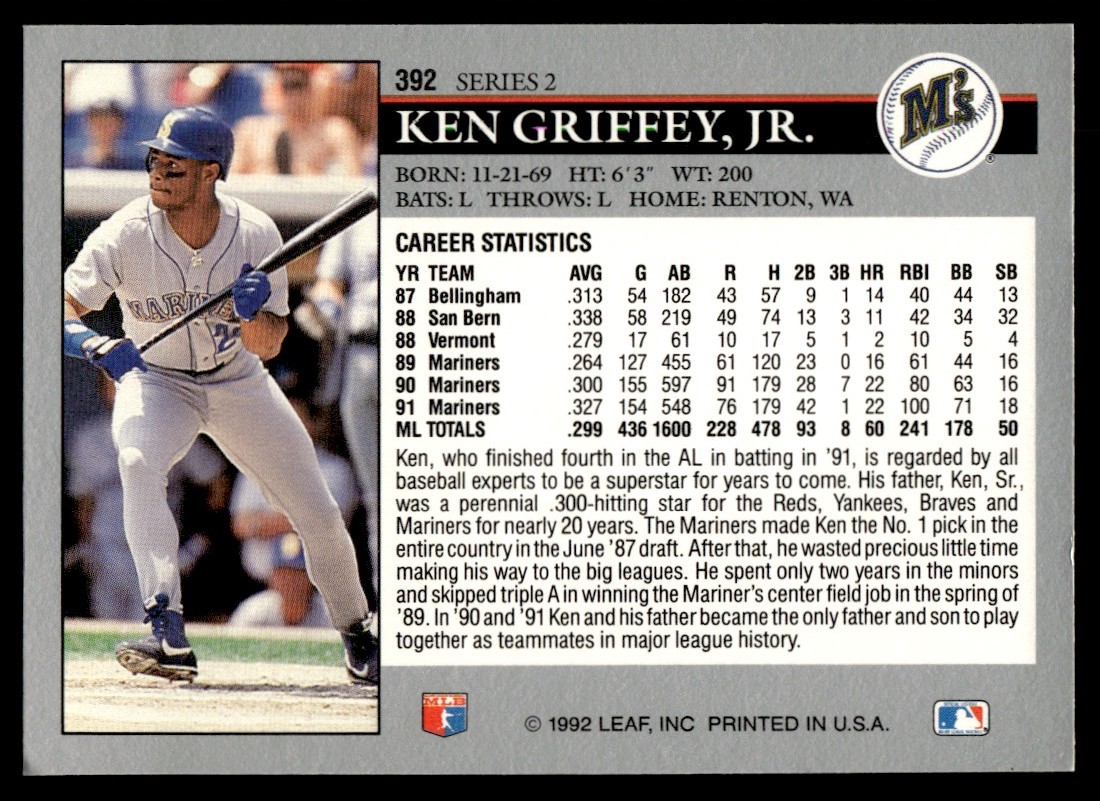 1992 Leaf Baseball Card Ken Griffey Jr. Seattle Mariners #392 | eBay