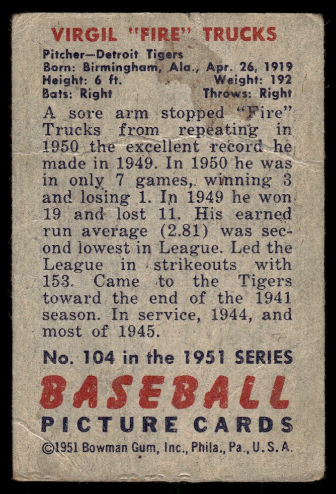 1951 Bowman Virgil Trucks #104 card back image