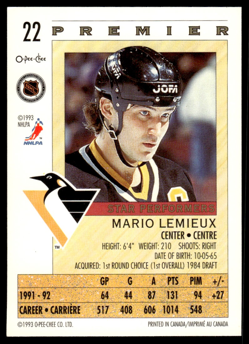 Mario Lemieux 1992-93 O-Pee-Chee Premier Star Performers #22