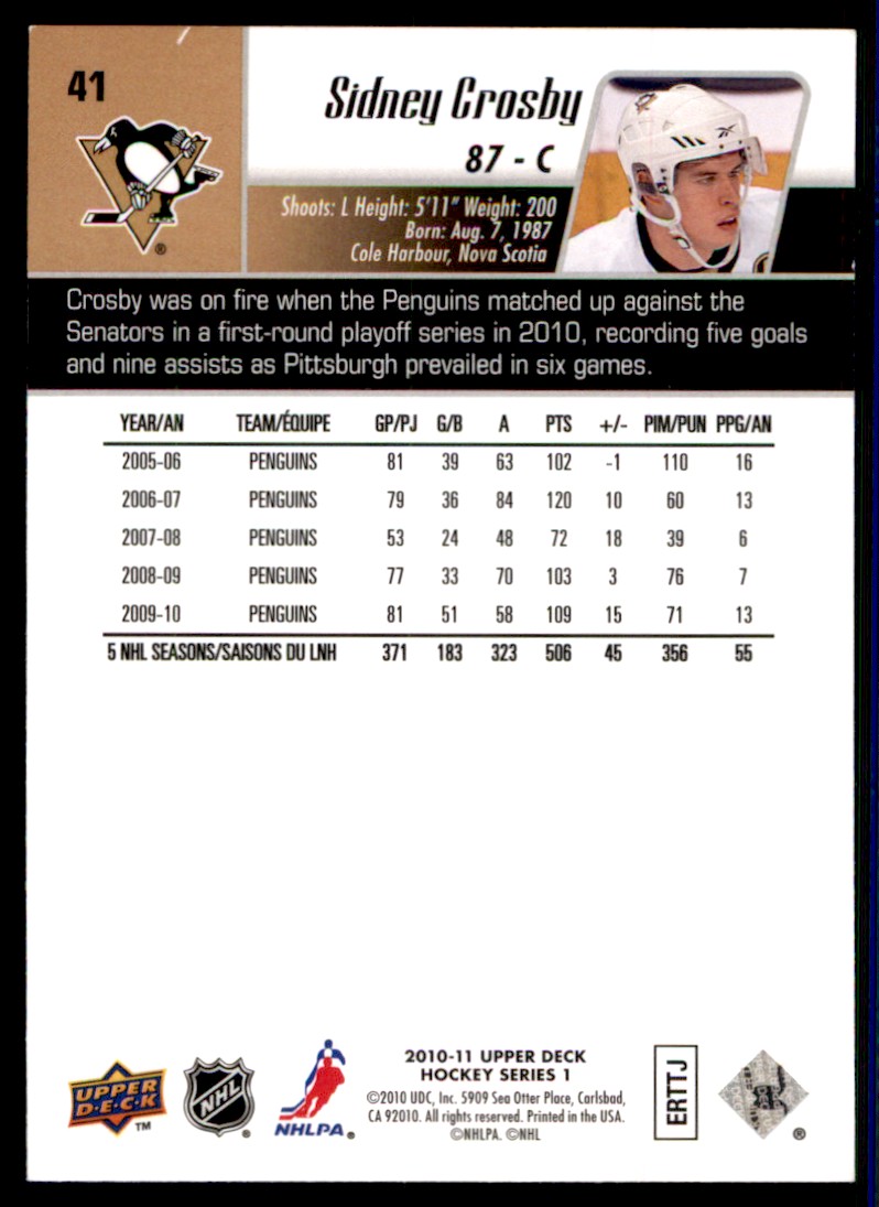 2010-11 Upper Deck Sidney Crosby #41 card back image