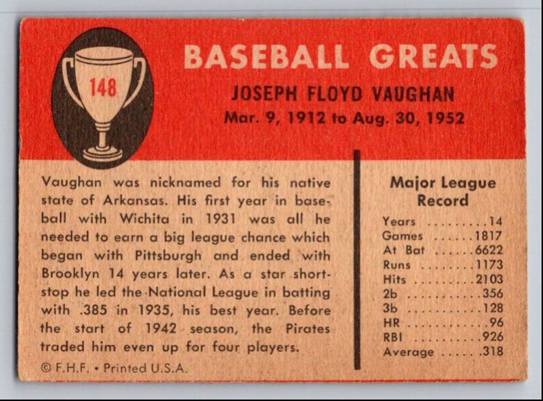 1961 Fleer Baseball Greats Base Arky Vaughan #148 card back image