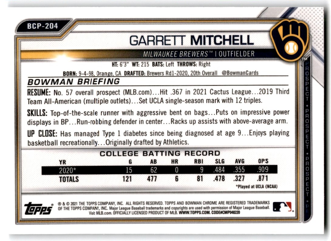 2021 Bowman Chrome Prospects Garrett Mitchell #BCP-204 card back image