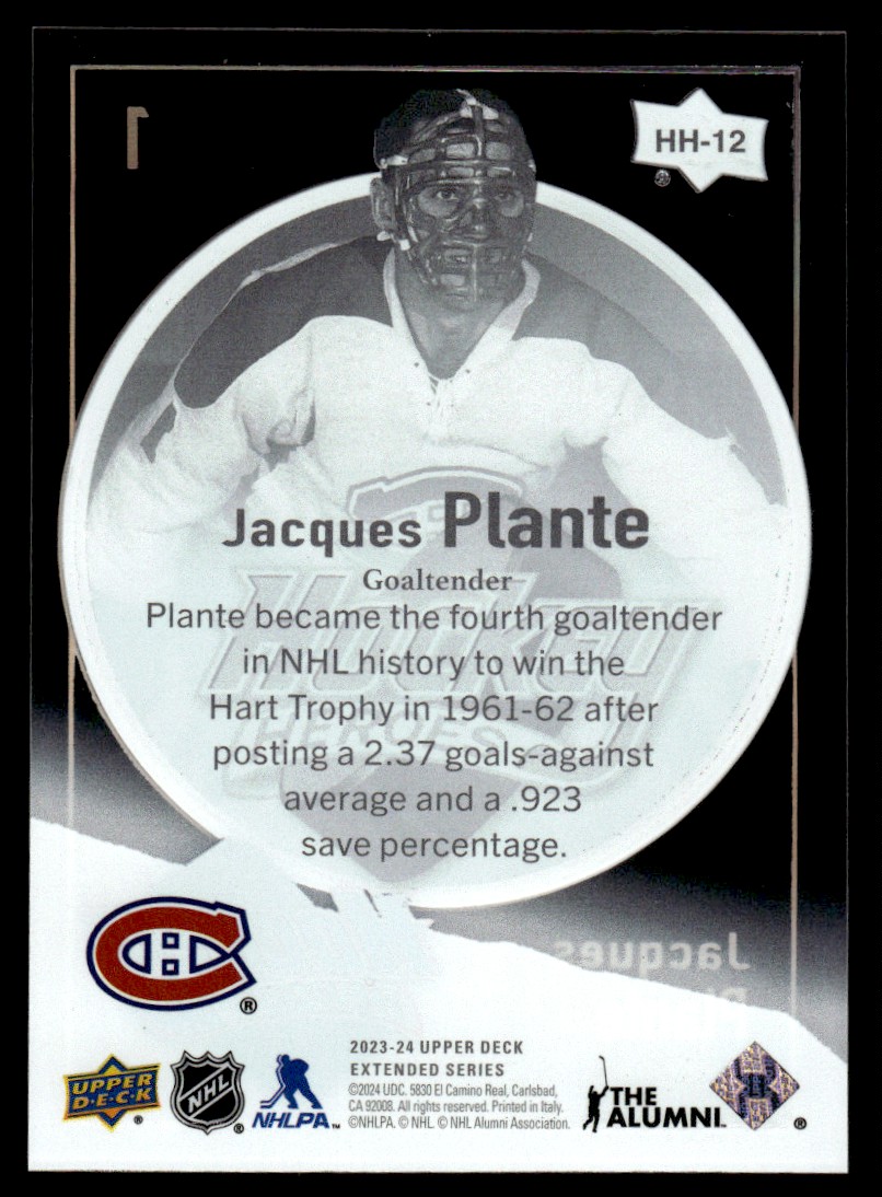 2023-24 Upper Deck Hockey Heroes Jacques Plante #HH-12 card back image