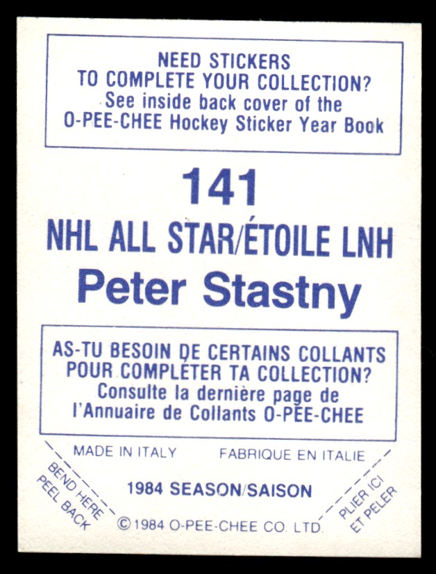 1984-85 O-Pee-Chee Stickers * Peter Stastny #141 card back image