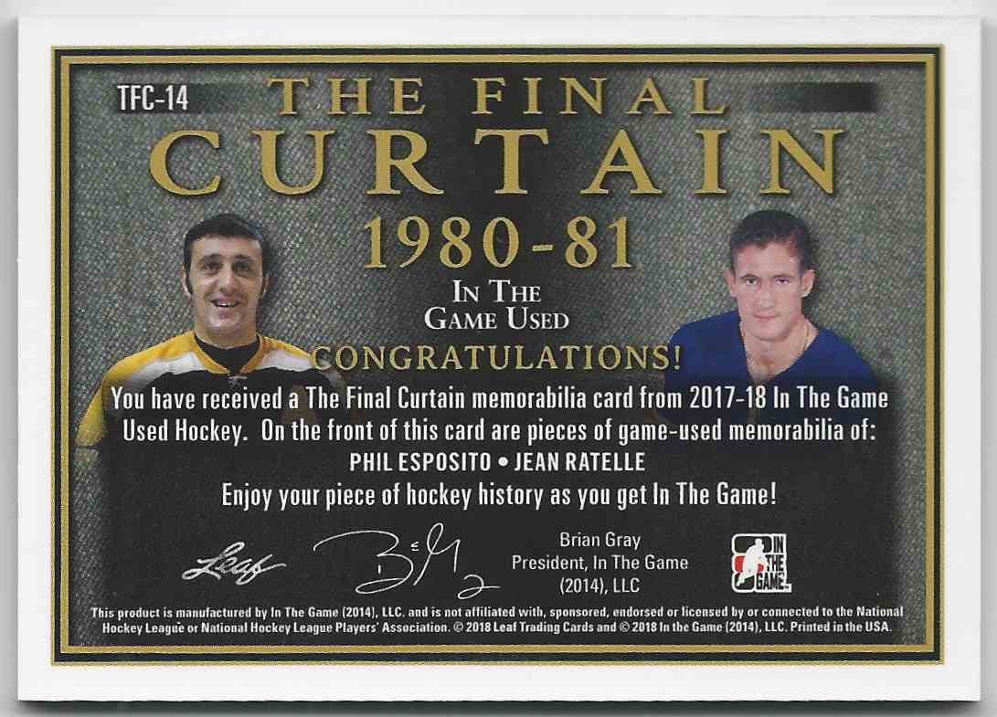 2017-18 ITG Used The Final Curtain Memorabilia Purple Spectrum Phil Esposito Jean Ratelle #TFC-14 card back image
