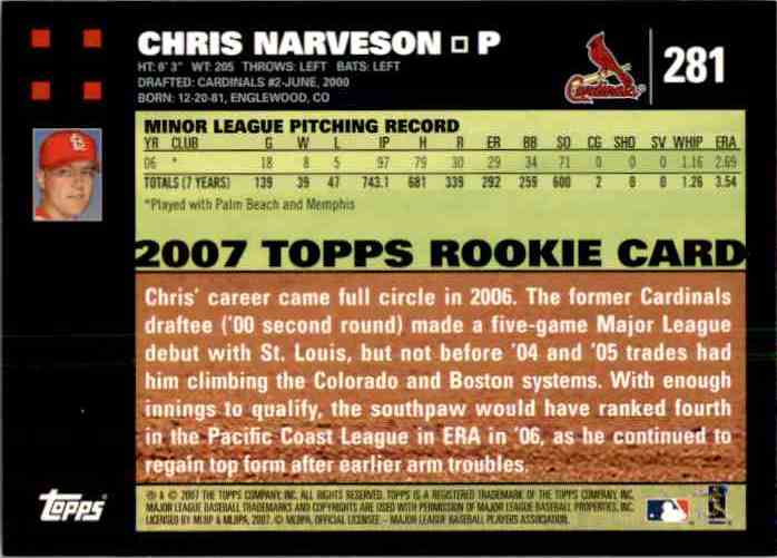 2007 Topps Chris Narveson (Rc) #281 card back image