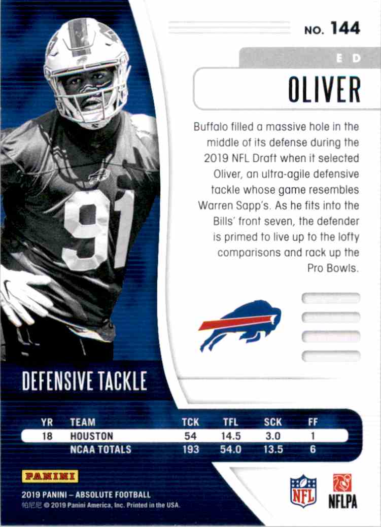 2019 Absolute Retail Ed Oliver RC #144 card back image