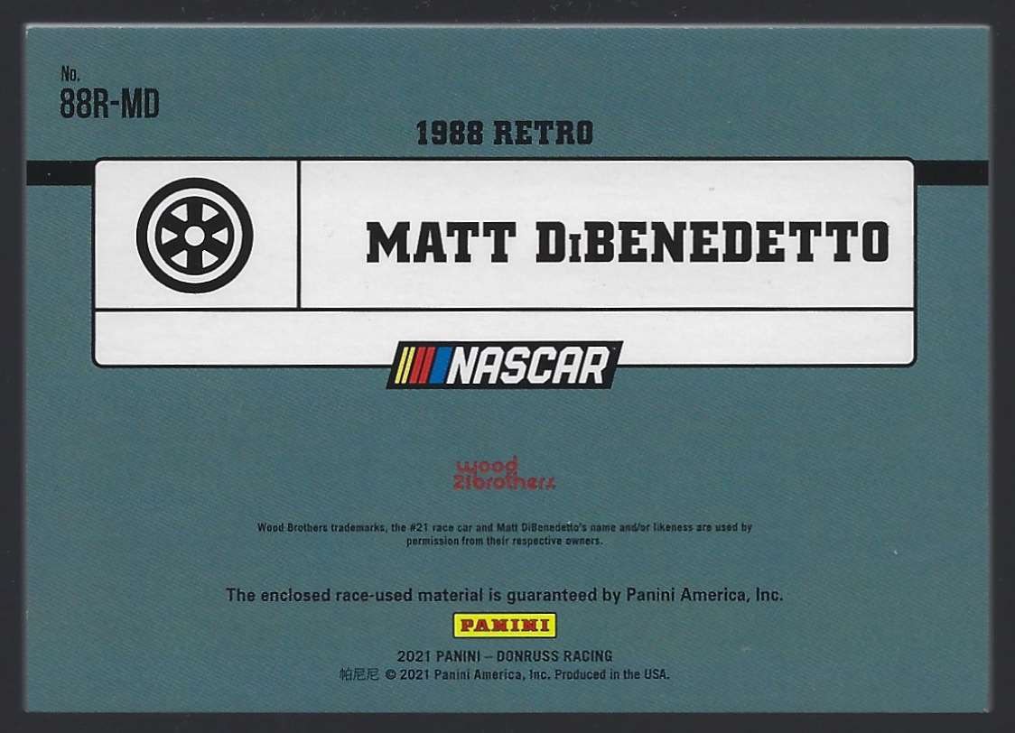 2021 Donruss Race Day Relics Matt DiBenedetto #88RMC card back image