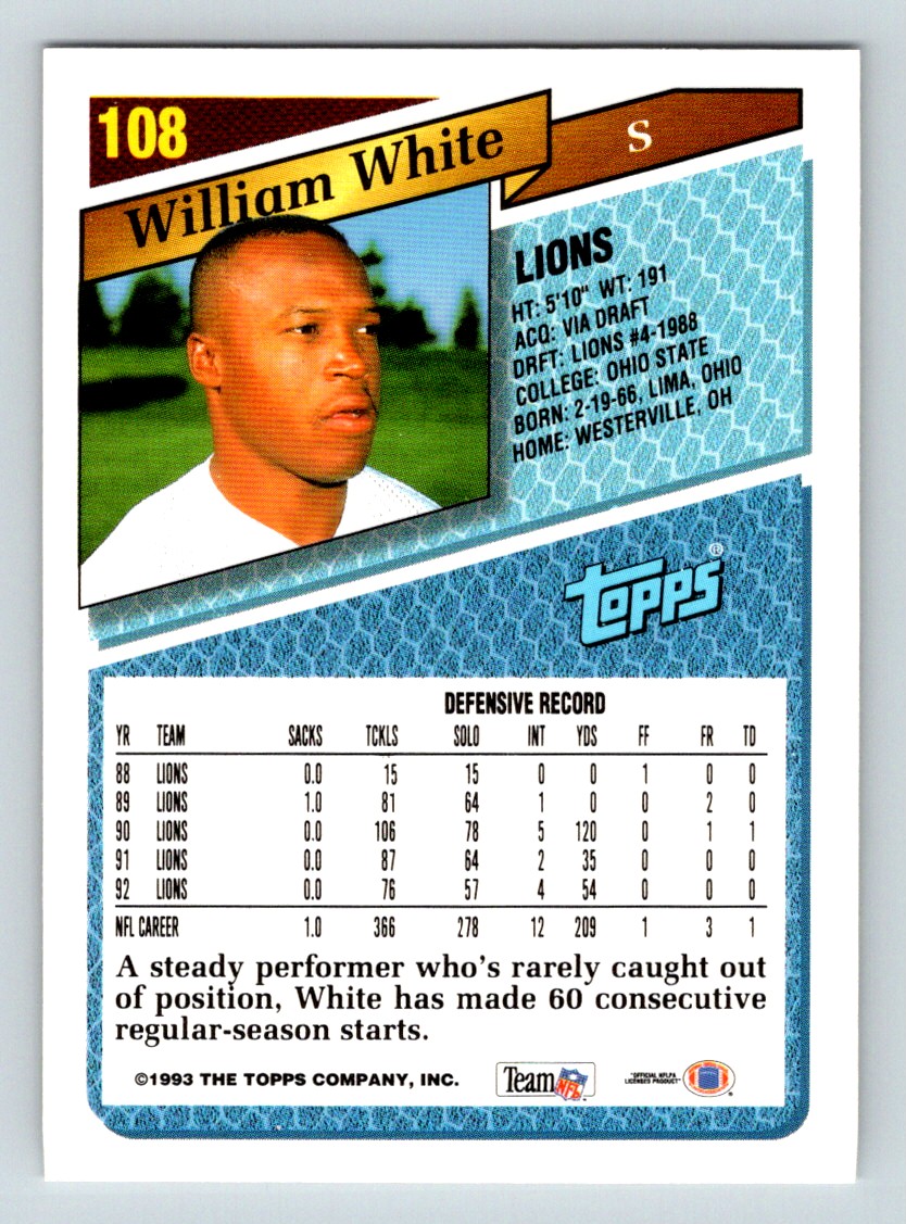1993 Topps William White #108 card back image