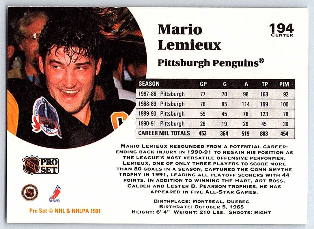 1991-92 Pro Set Mario Lemieux #194 on Kronozio