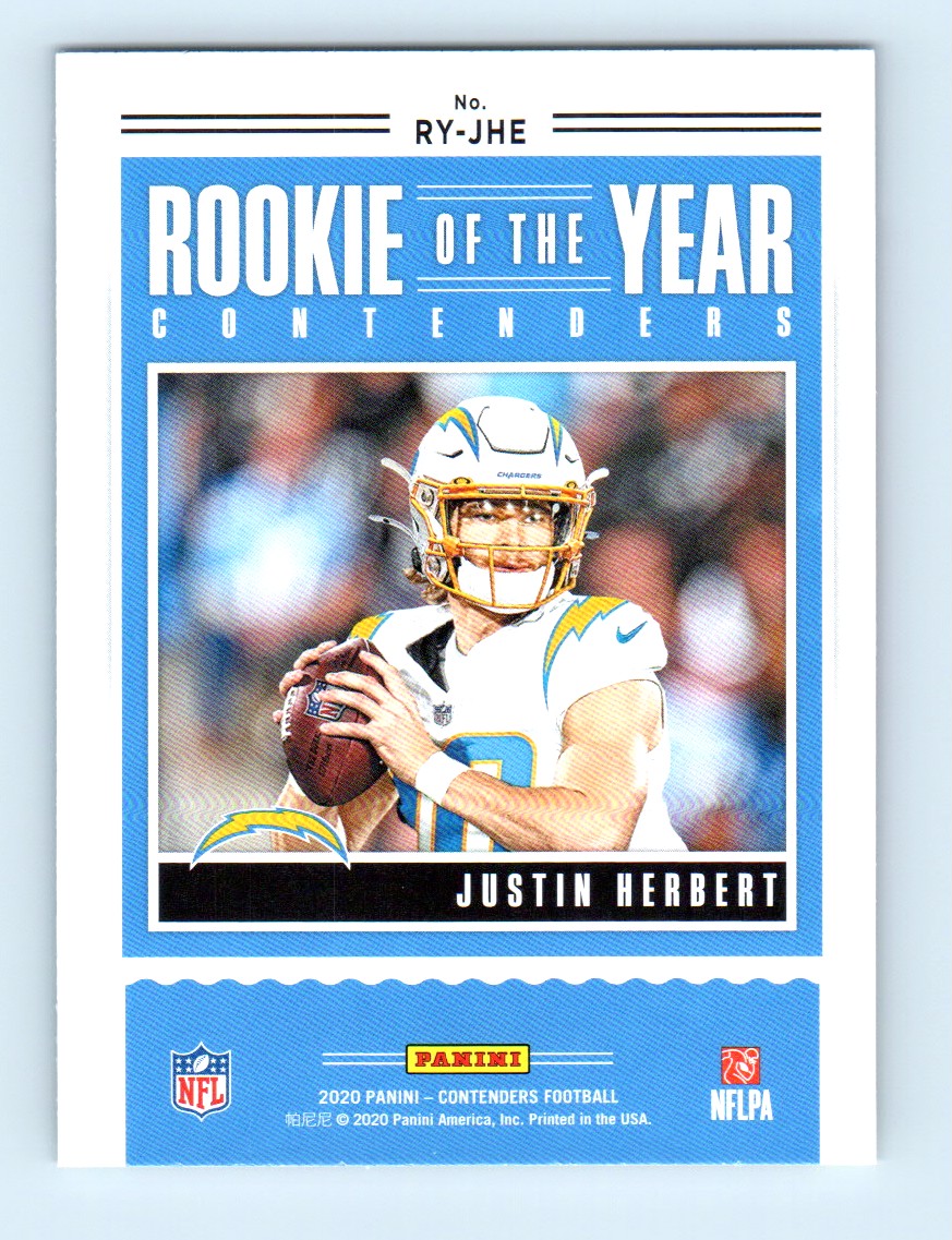 2020 Panini Contenders Rookie of the Year Justin Herbert #RY-JHE card back image