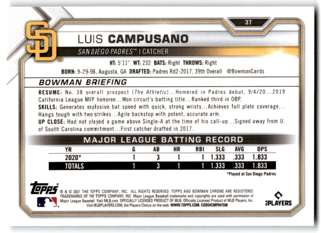 2021 Bowman Chrome Luis Campusano #37 card back image