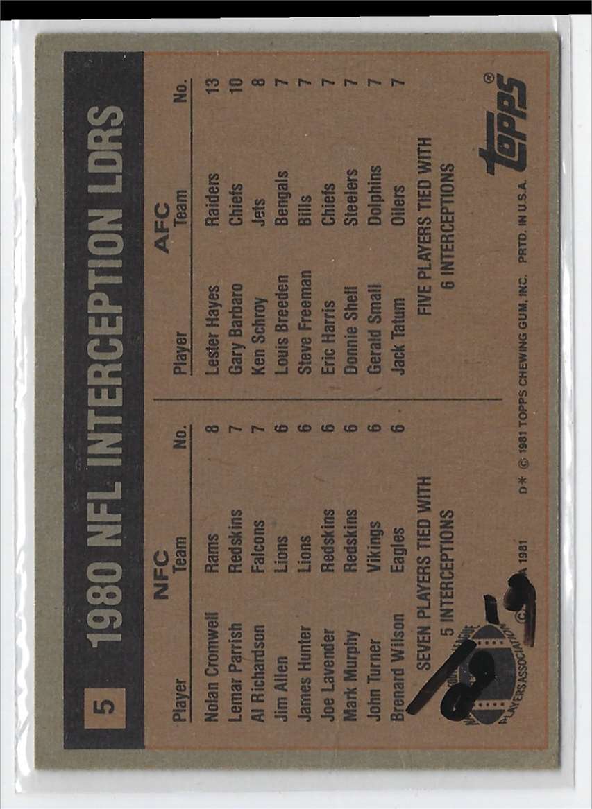1981 Topps 1980 Interception Leaders - Nolan Cromwell/Lester Hayes #5 ...