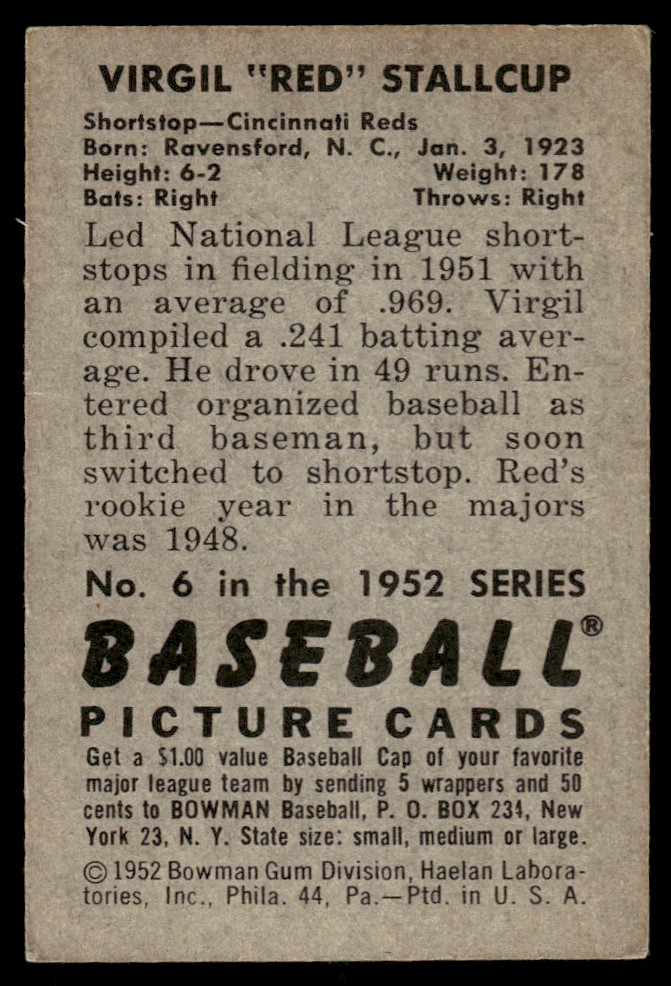 1952 Bowman Virgil Stallcup #6 card back image