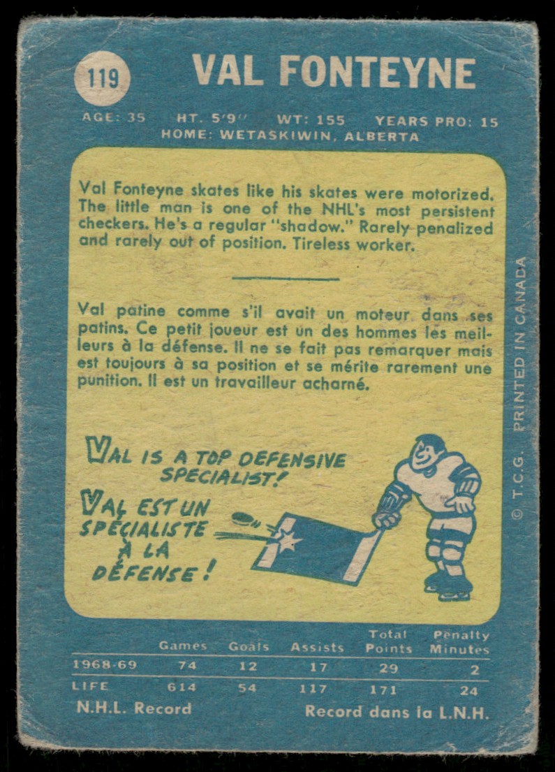 1969-70 O-Pee-Chee Hockey OPC Val Fonteyne #119 card back image