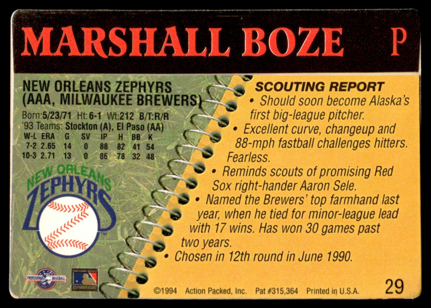 1994 Action Packed Minors #29 Marshall Boze New Orleans Zephyrs | eBay
