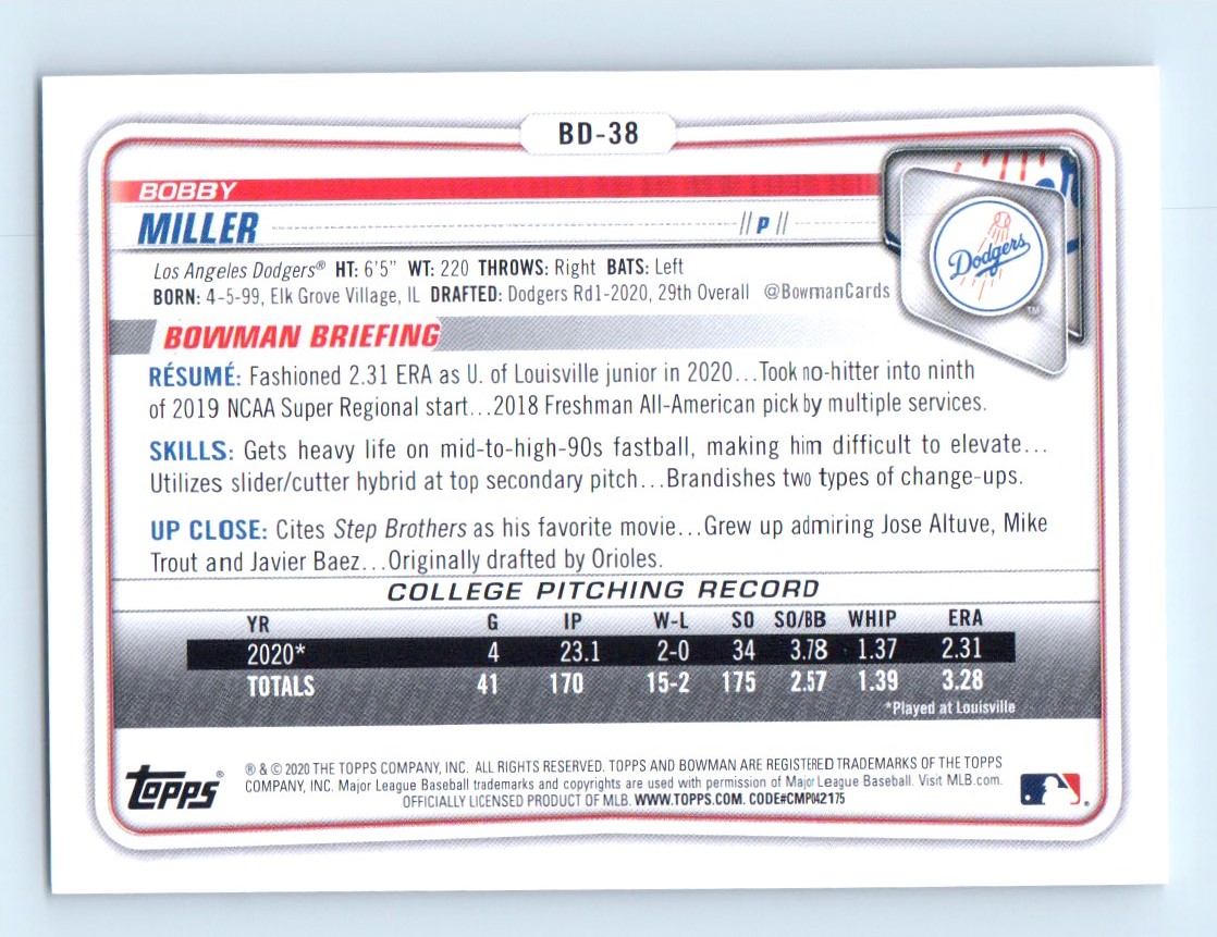 2020 Bowman Draft Bobby Miller #BD-38 card back image