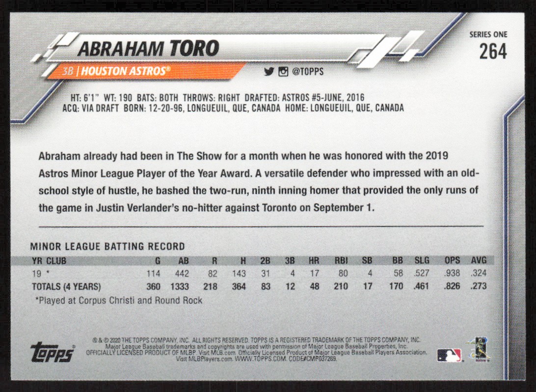 2020 Topps Abraham Toro #264 card back image