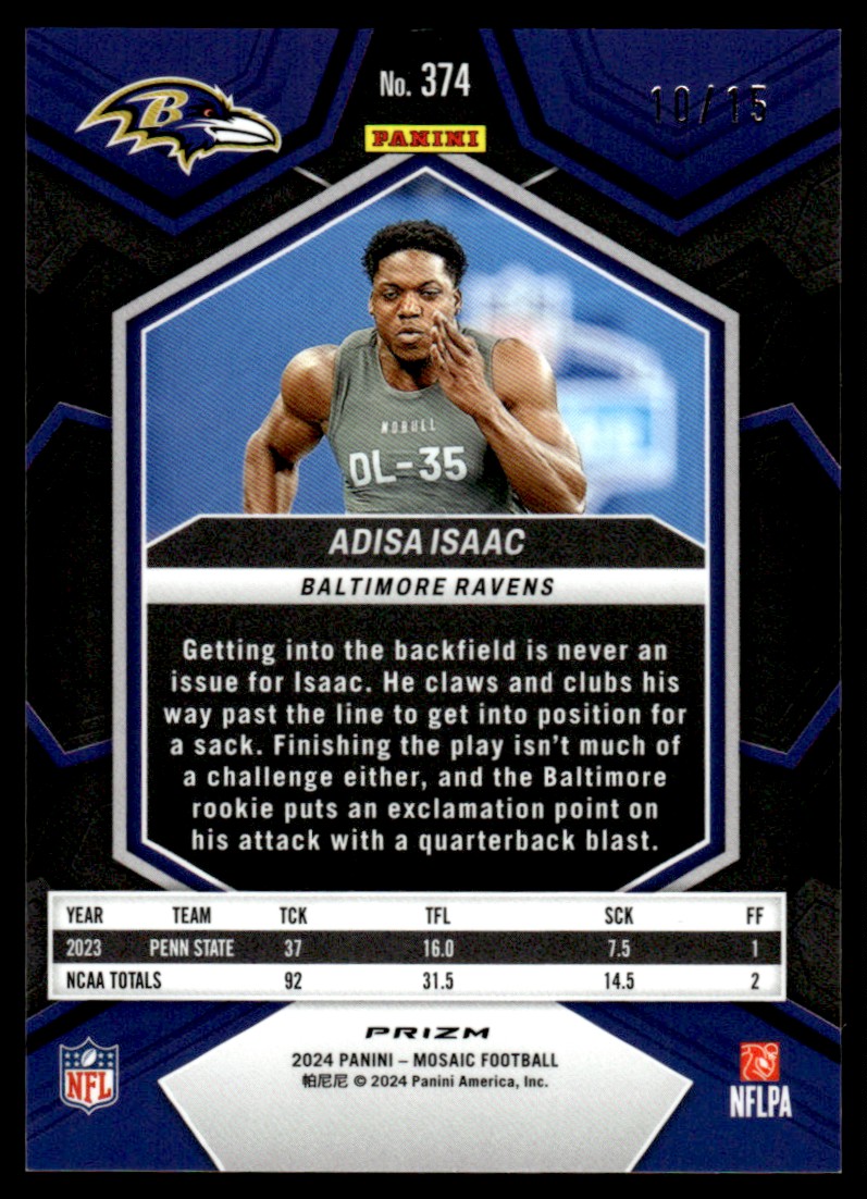 2024 Mosaic Rookie Green Swirl Adisa Isaac #374 card back image