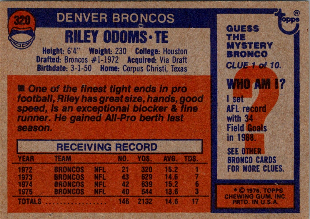 1976 Topps Riley Odoms #320 card back image