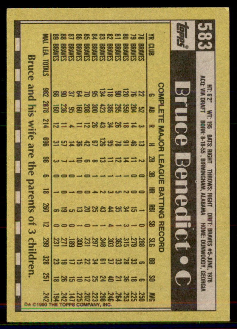 1990 Topps Bruce Benedict #583 card back image