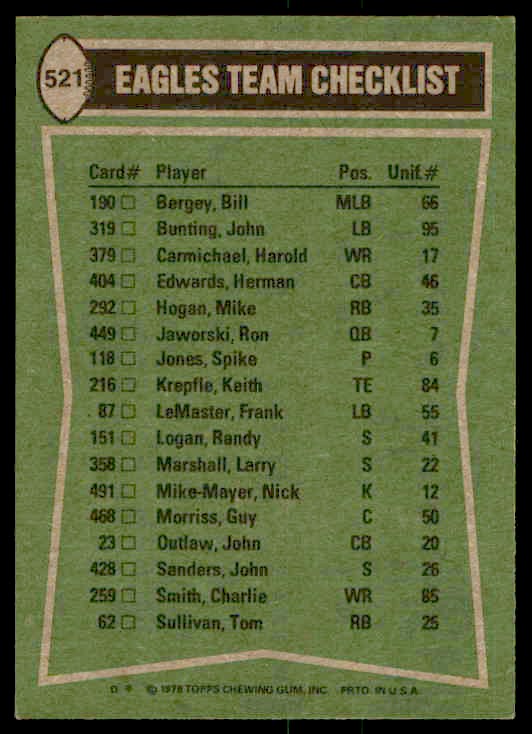 1978 Topps Mike Hogan/Harold Carmichael/Herman Edwards/John Sanders/Lem Burnham #521 card back image