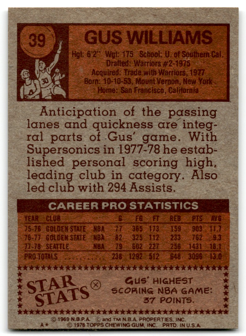 1978-79 Topps Gus Williams #39 card back image