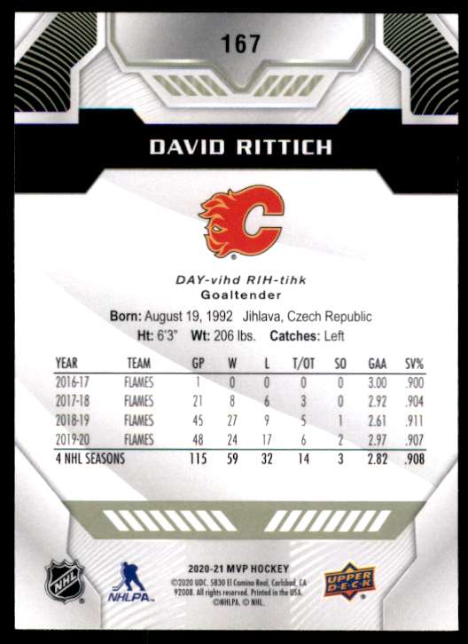 2020-21 Upper Deck MVP David Rittich #167 card back image