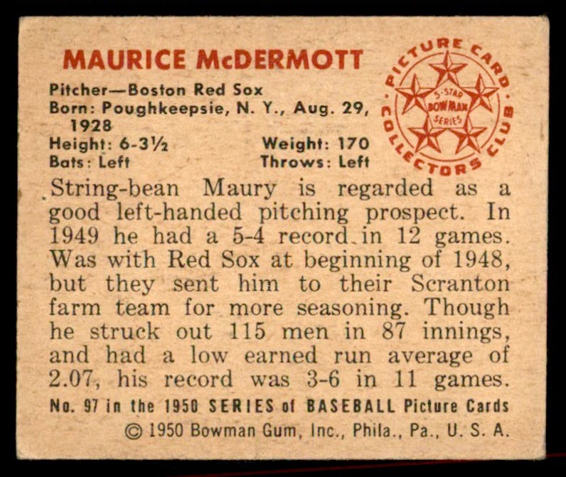 1950 Bowman Maurice McDermott #5 card back image