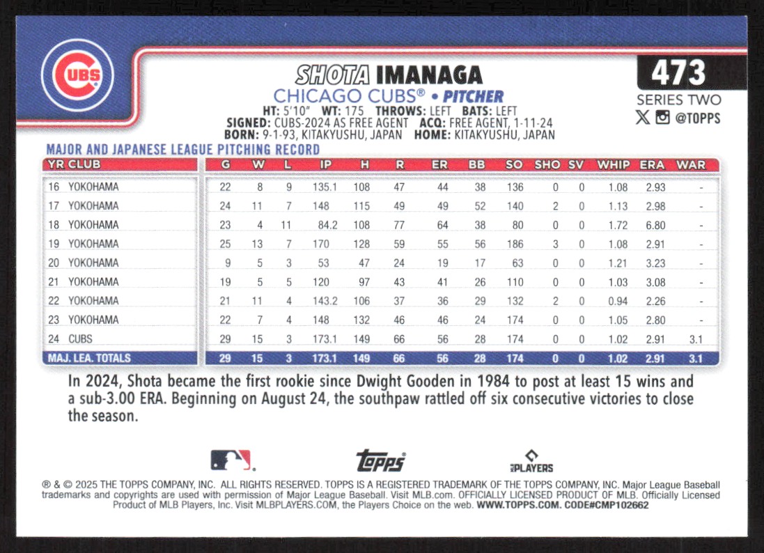 2025 Topps Series 2 Base Shota Imanaga Chicago Cubs #473 | eBay