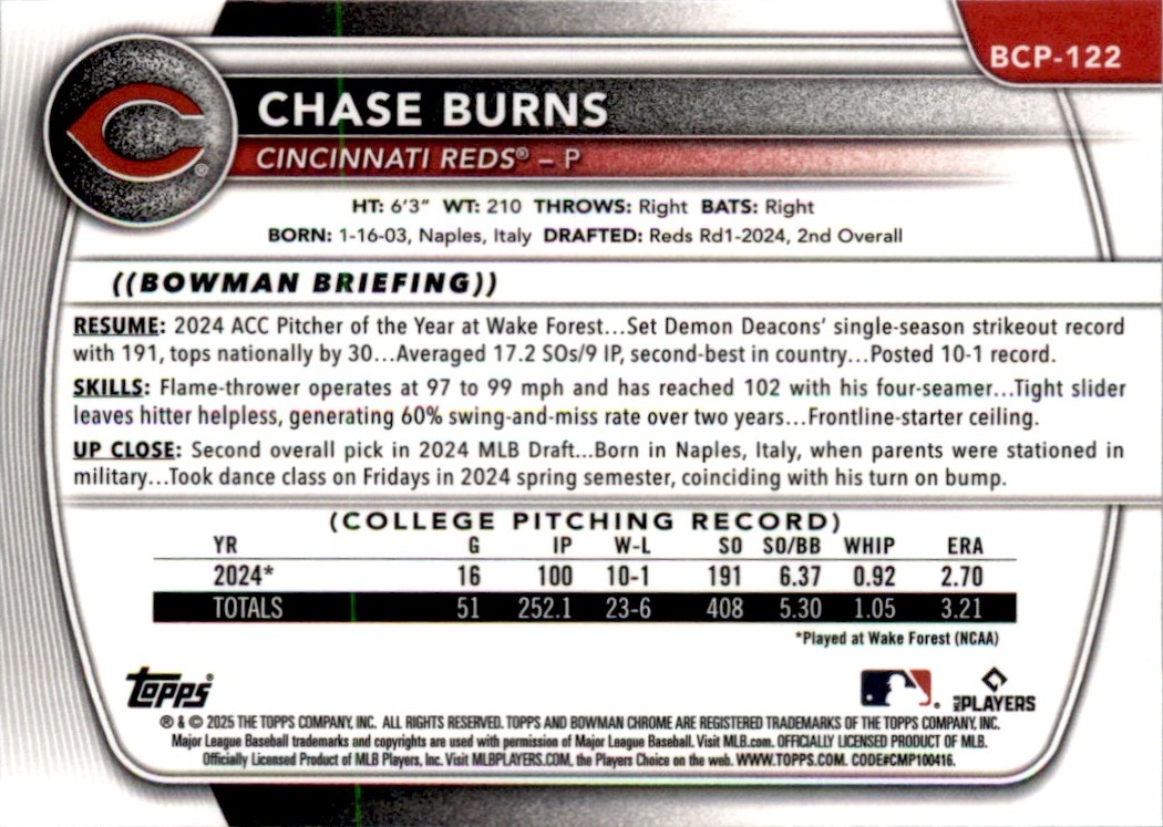 2025 Bowman Chrome Prospects Chase Burns #BCP-122 card back image