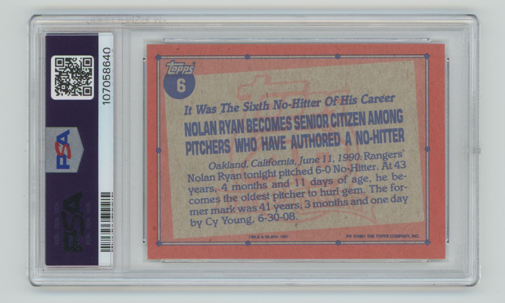 1991 Topps Nolan Ryan #6 card back image