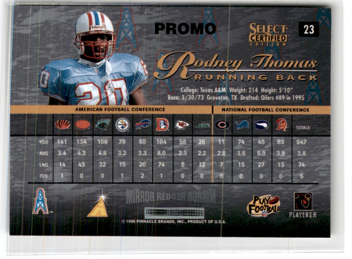 1996 Select Certified Mirror Red Premium Stock Rodney Thomas #23 card back image