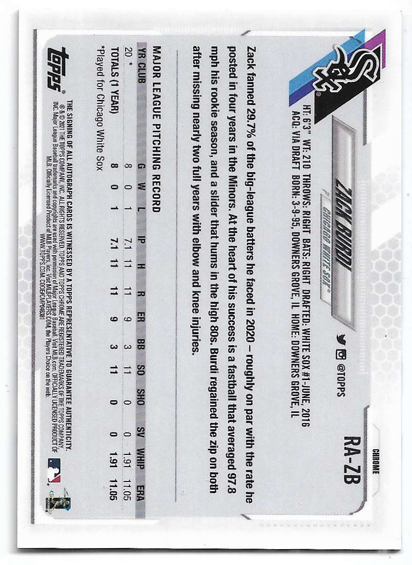 2021 Topps Chrome Rookie Autographs Zack Burdi #RA-ZB card back image