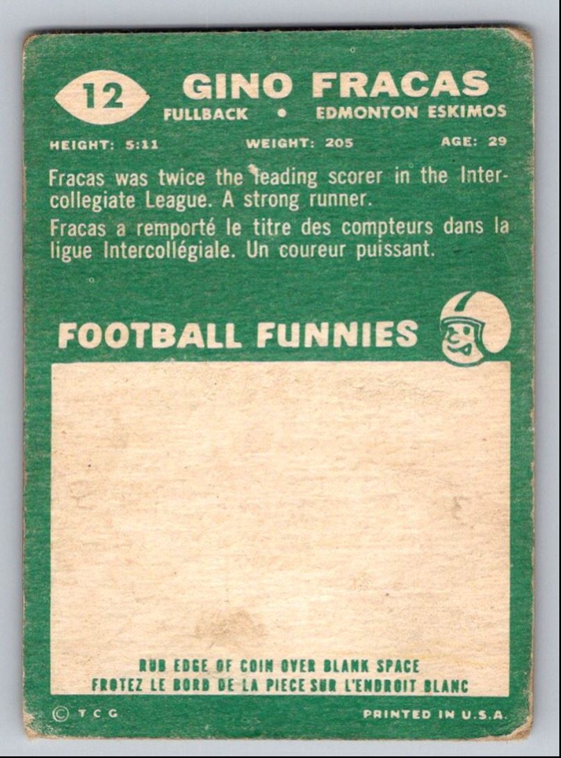 1960 Topps CFL Football Gino Fracas #12 card back image