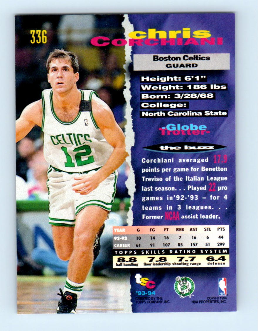 1993-94 Topps Stadium Club Chris Corchiani #336 card back image
