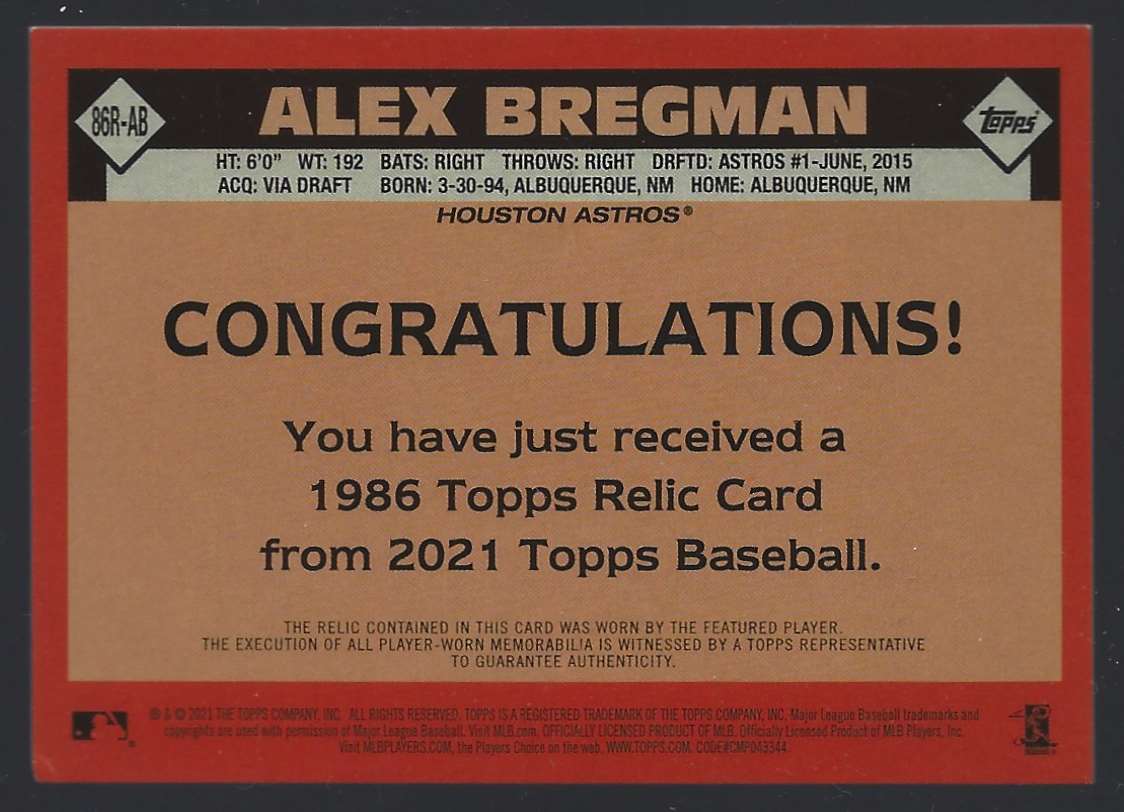 2021 Topps '86 Topps Relics Alex Bregman #86RAB card back image