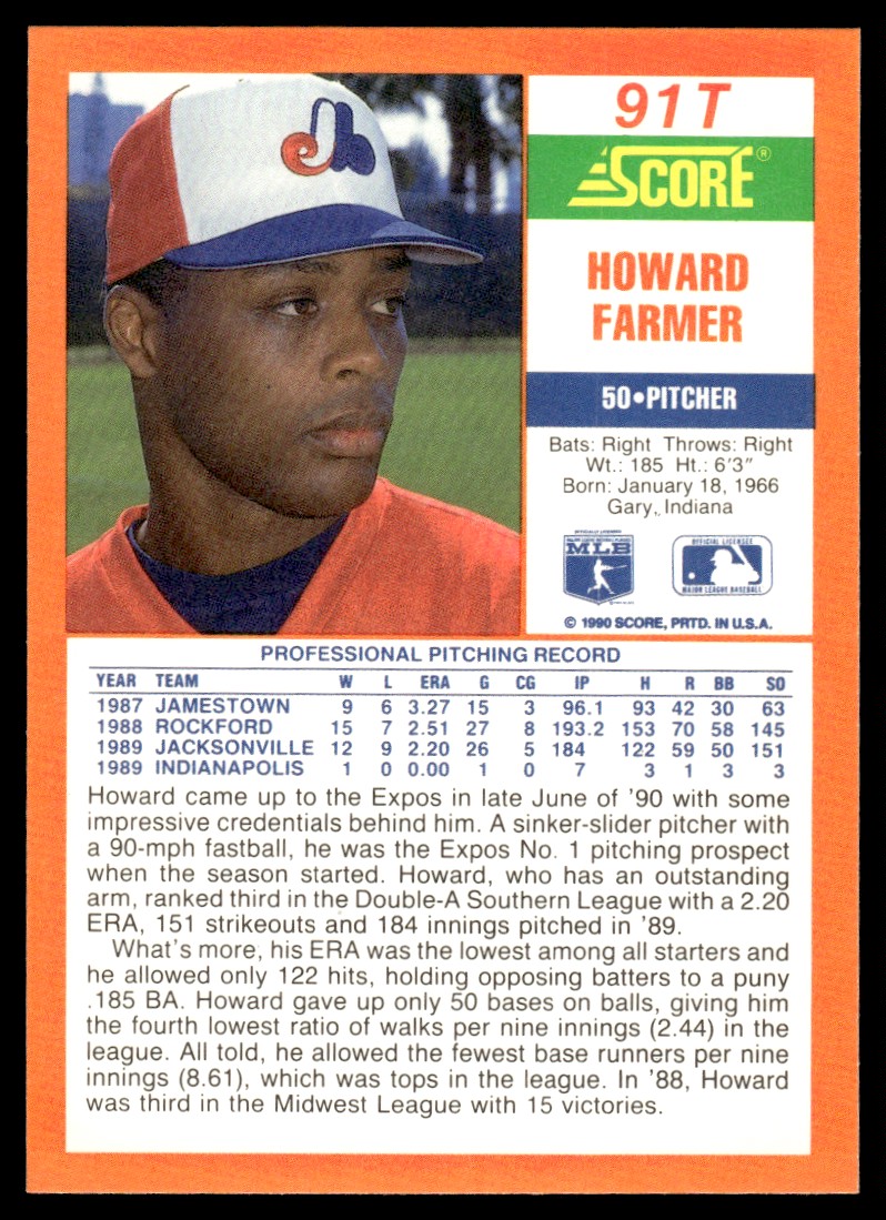 1990 Score Rookie & Traded Howard Farmer #91T card back image