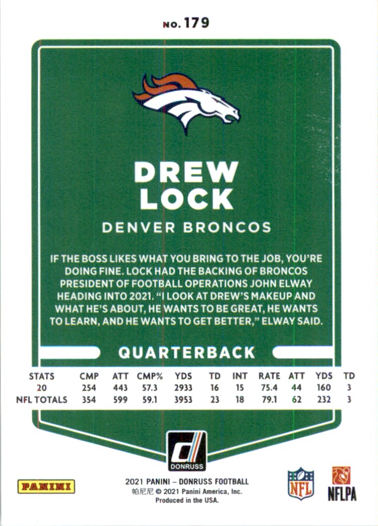 2021 Panini NFL Donruss Press Proof Gold Holo Premium Stock Drew Lock #179 card back image