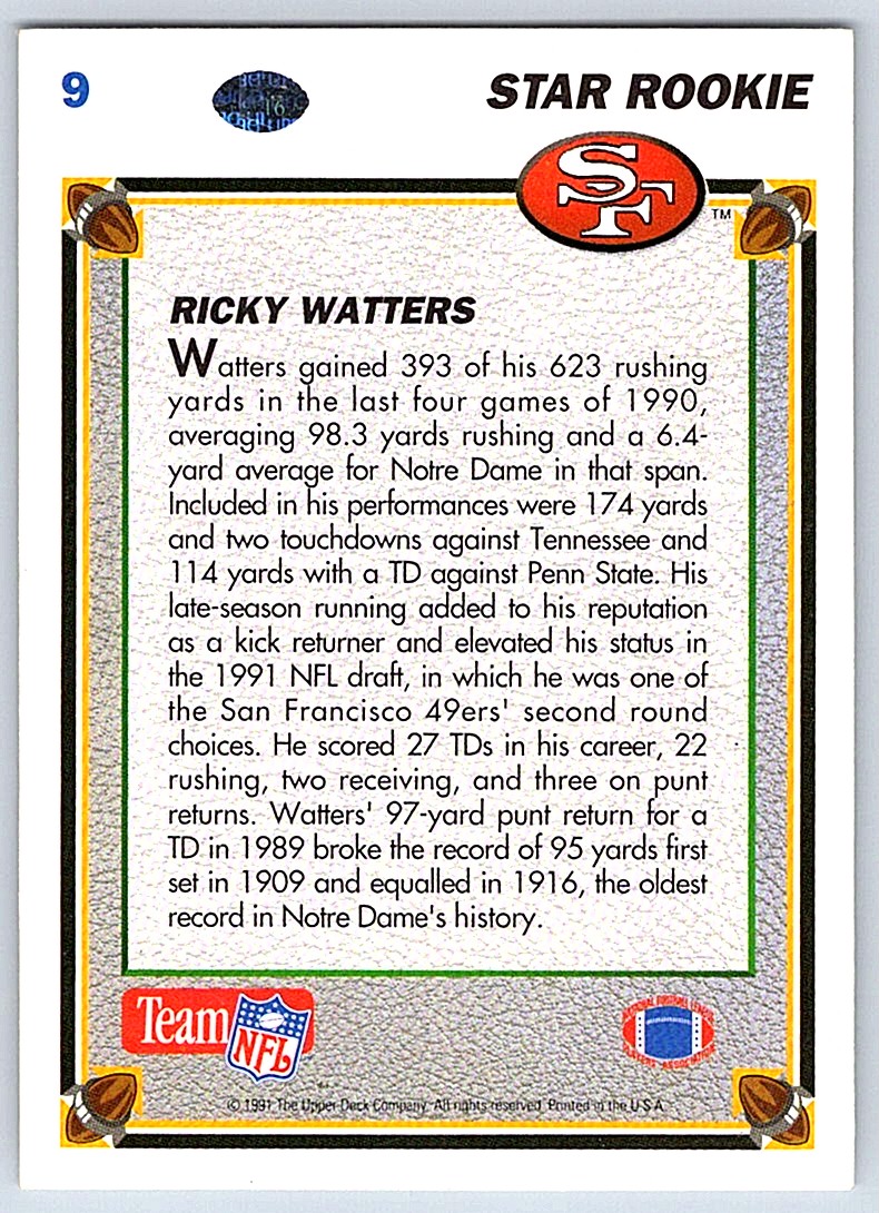 1991 Upper Deck Ricky Watters #9 card back image