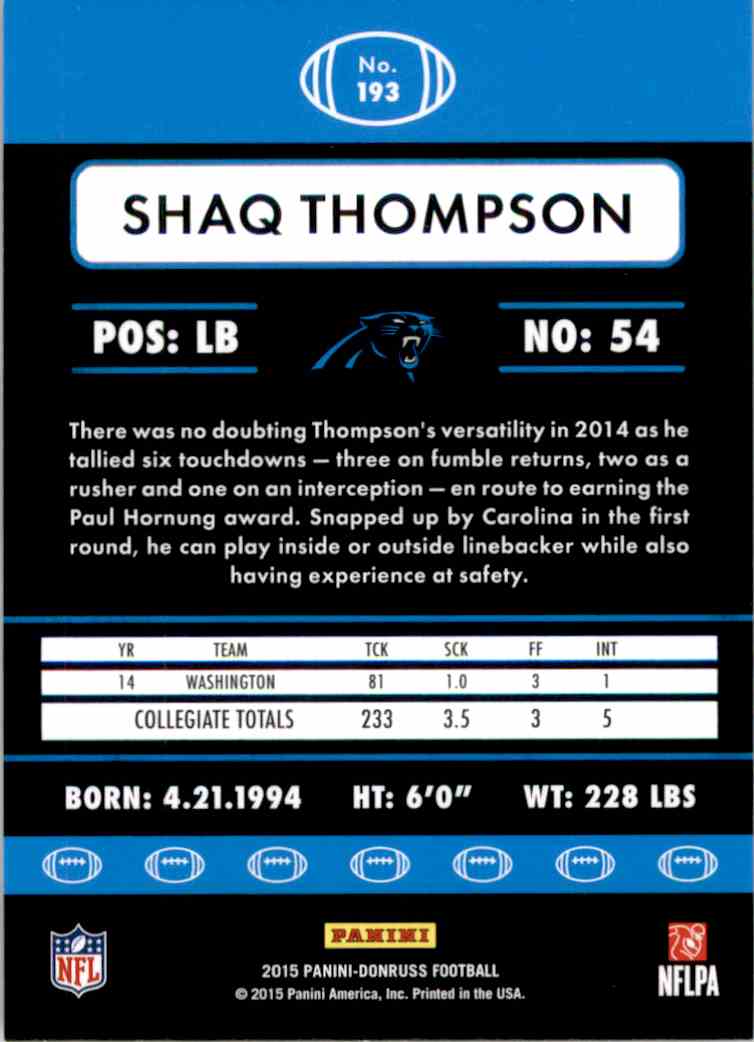 2015 Donruss Shaq Thompson RC #193 card back image