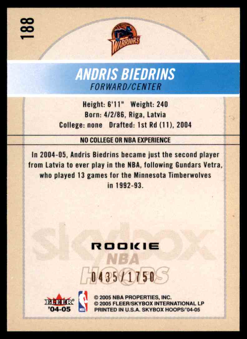 2004-05 Hoops Andris Biedrins RC #188 card back image