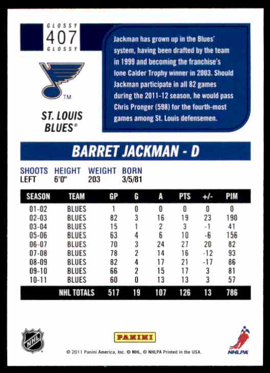 2011-12 Score Glossy Barret Jackman #407 card back image