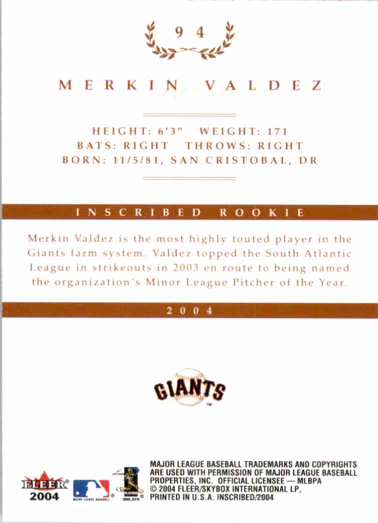 2004 Fleer InScribed Merkin Valdez Roo #94 card back image