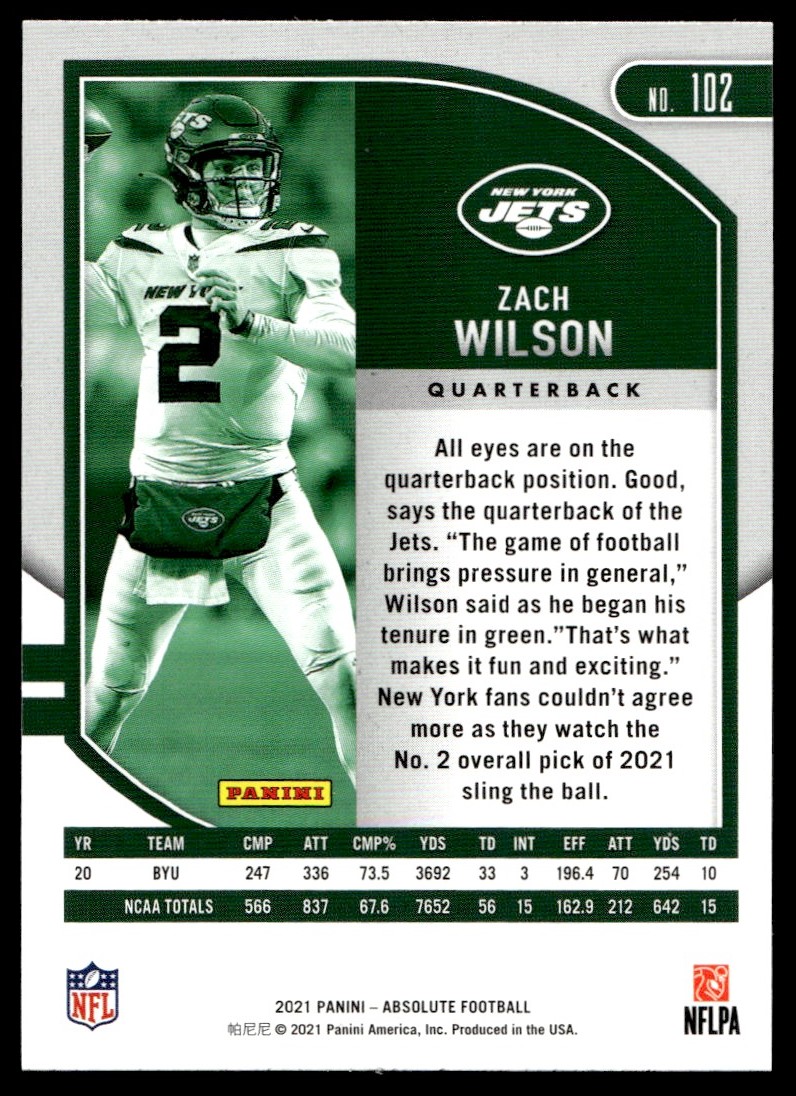 2021 Panini Absolute Zach Wilson Rookie G12 New York Jets #102