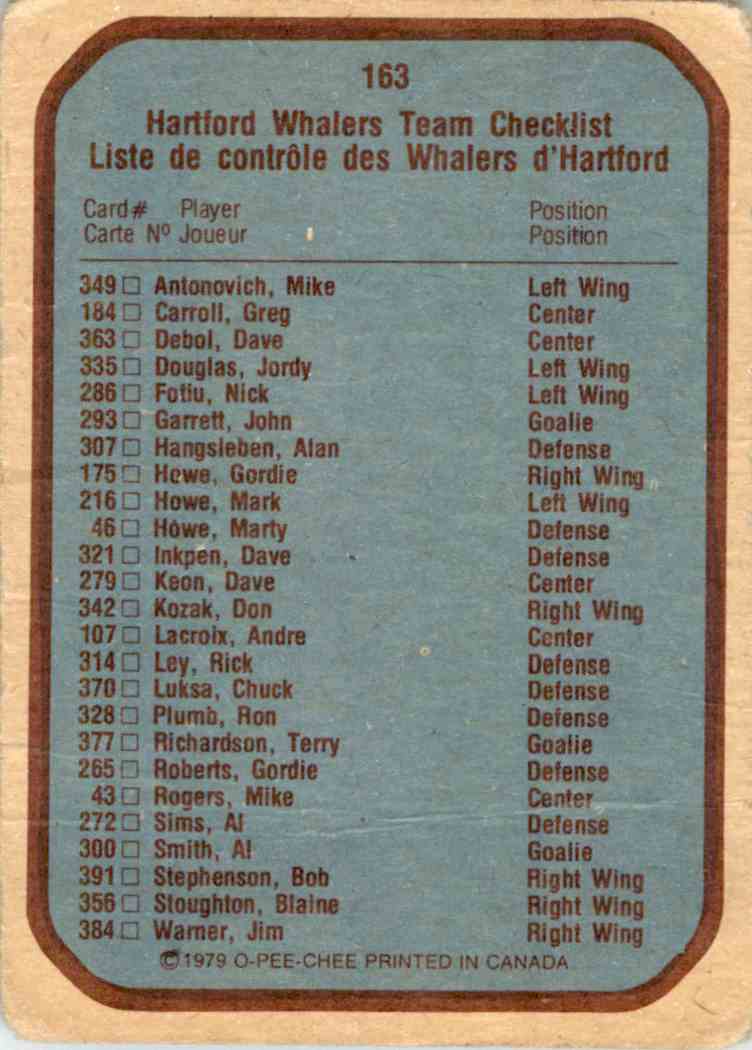 1979-80 O-Pee-Chee Whalers Logo Checklist #163 card back image